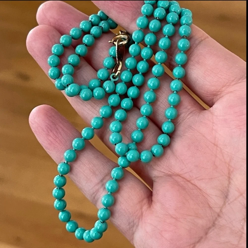 Turquoise blue enameled brass bead 26 inch necklace - Picture 4 of 6